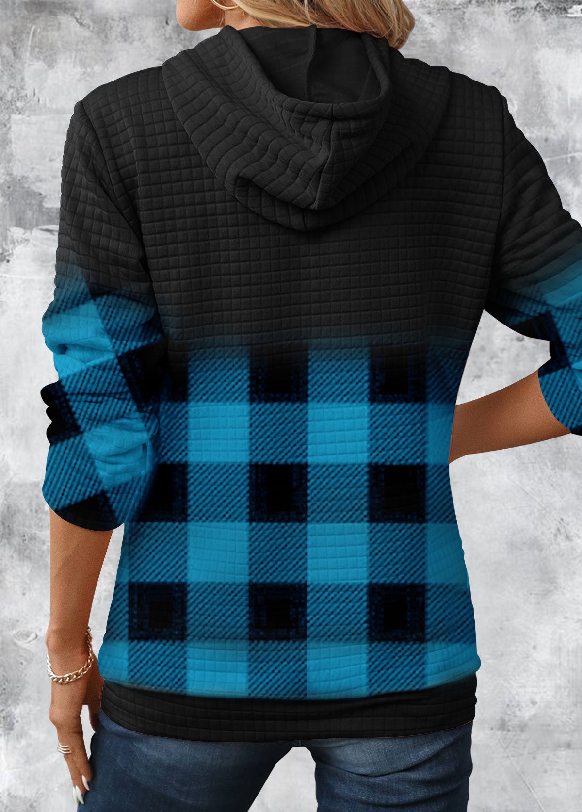 Gradient Patchwork Plaid Long Sleeve Hoodie