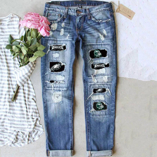 casual fashion perforated printed jeans