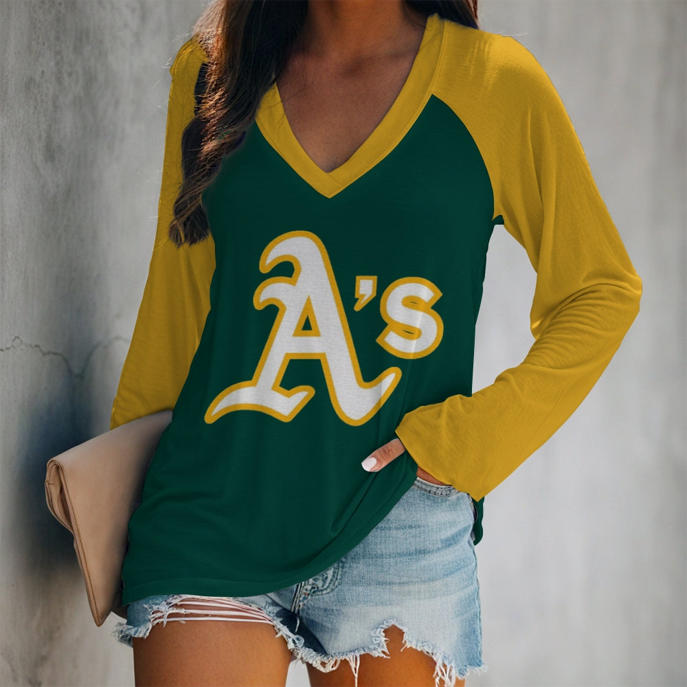 Women's V-neck Double-layered Long-sleeved Loose T-shirt