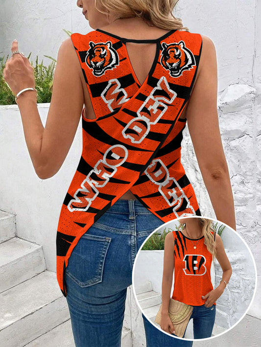 Cincinnati Bengals Cut Out Wrap Cross Wrap Back Asymmetrical Beach Tank Top