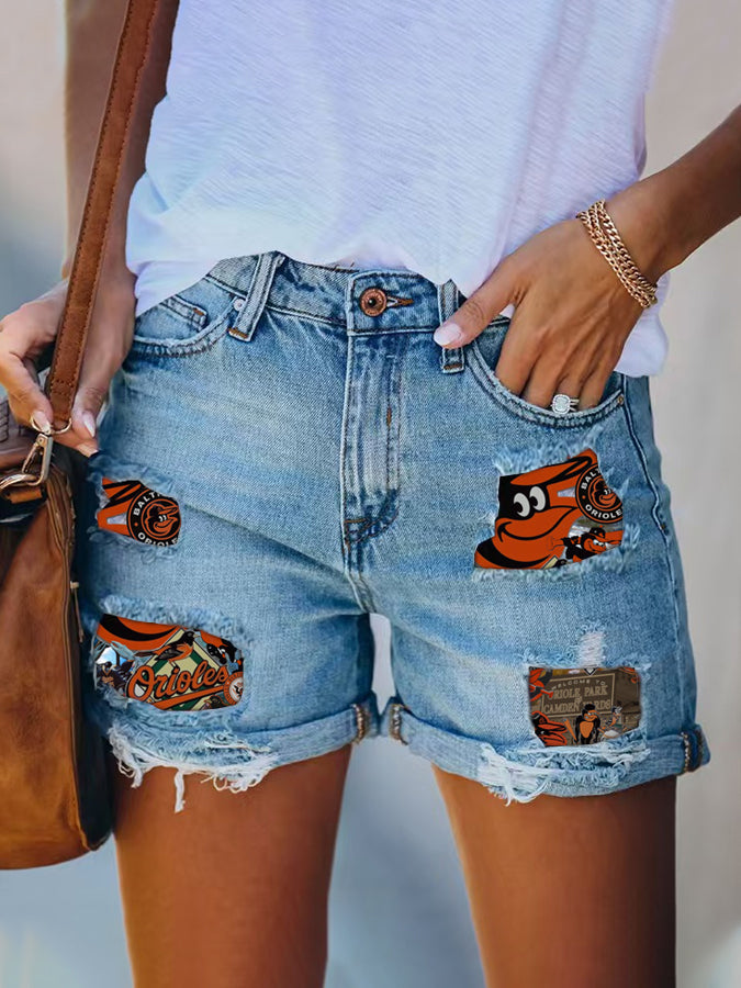 Orioles Distressed Cutoff Denim Shorts - Women