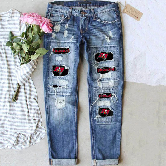 casual fashion perforated printed jeans