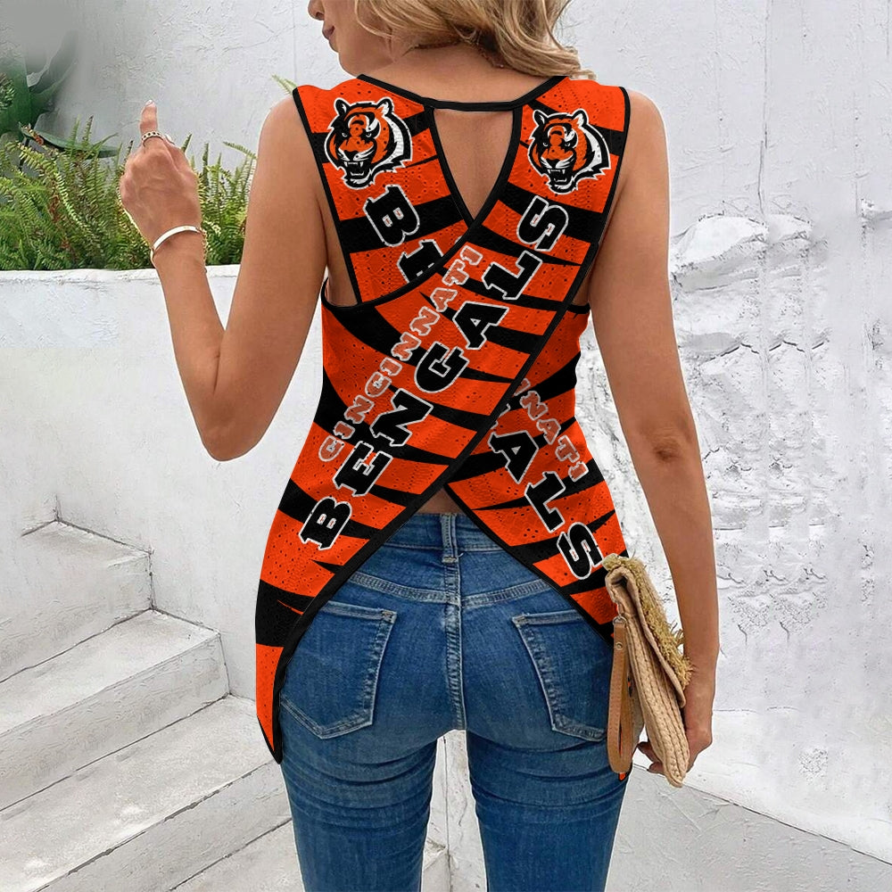 Cincinnati Bengals Cut Out Wrap Cross Wrap Back Asymmetrical Beach Tank Top