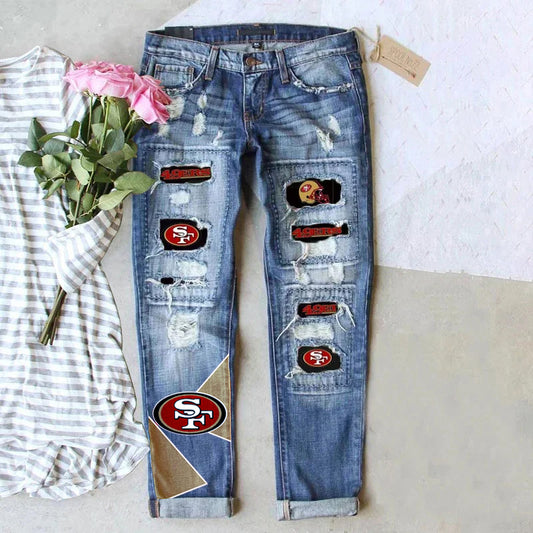 casual fashion perforated printed jeans
