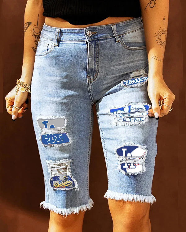 MID-RISE RIPPED PATCHES DENIM BERMUDA SHORTS