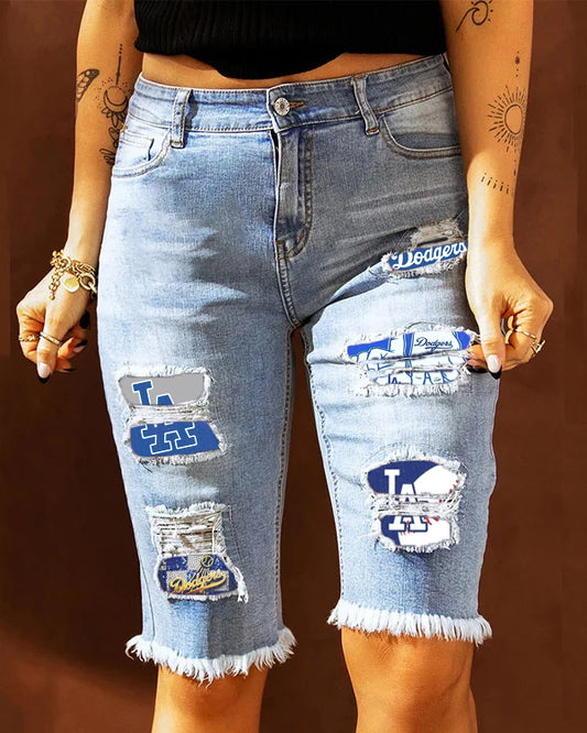 MID-RISE RIPPED PATCHES DENIM BERMUDA SHORTS