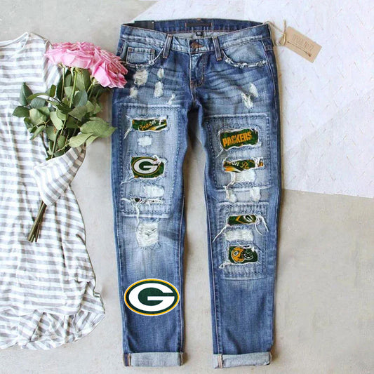 casual fashion perforated printed jeans