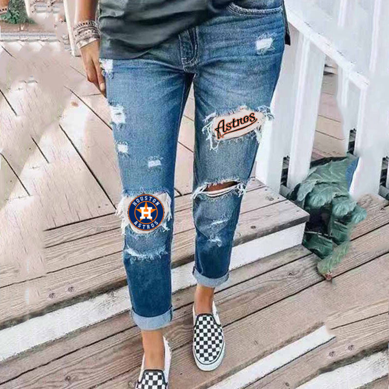 casual fashion perforated printed jeans