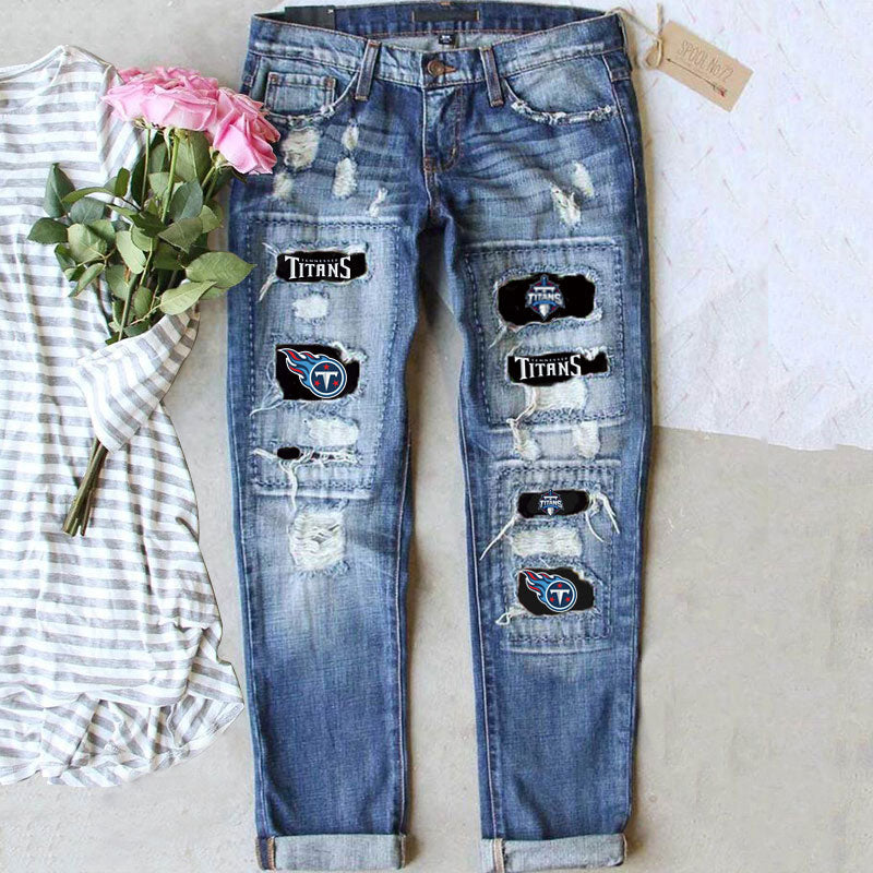 casual fashion perforated printed jeans