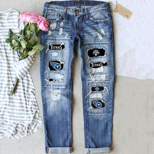 casual fashion perforated printed jeans