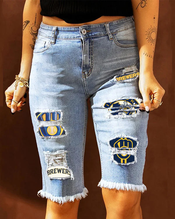 MID-RISE RIPPED PATCHES DENIM BERMUDA SHORTS