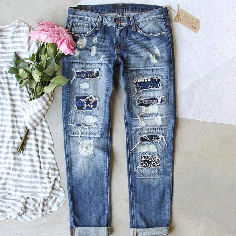 casual fashion perforated printed jeans