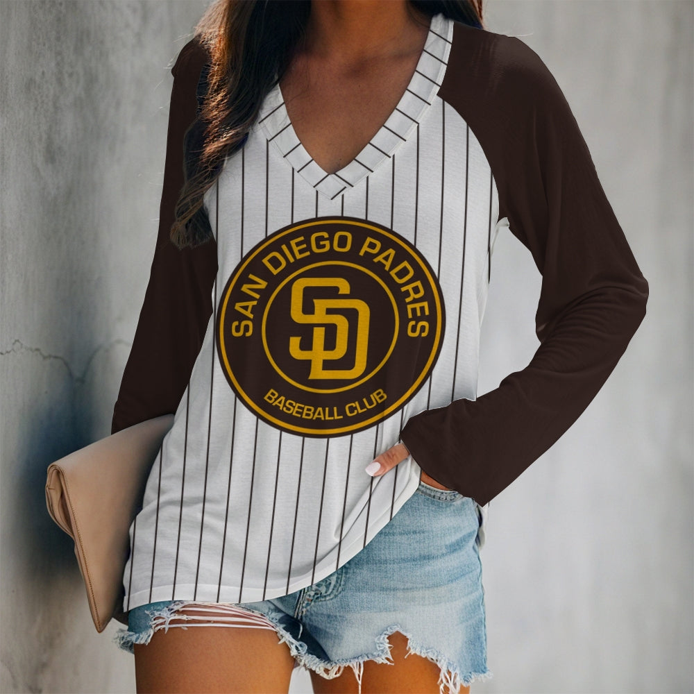 Women's V-neck Double-layered Long-sleeved Loose T-shirt