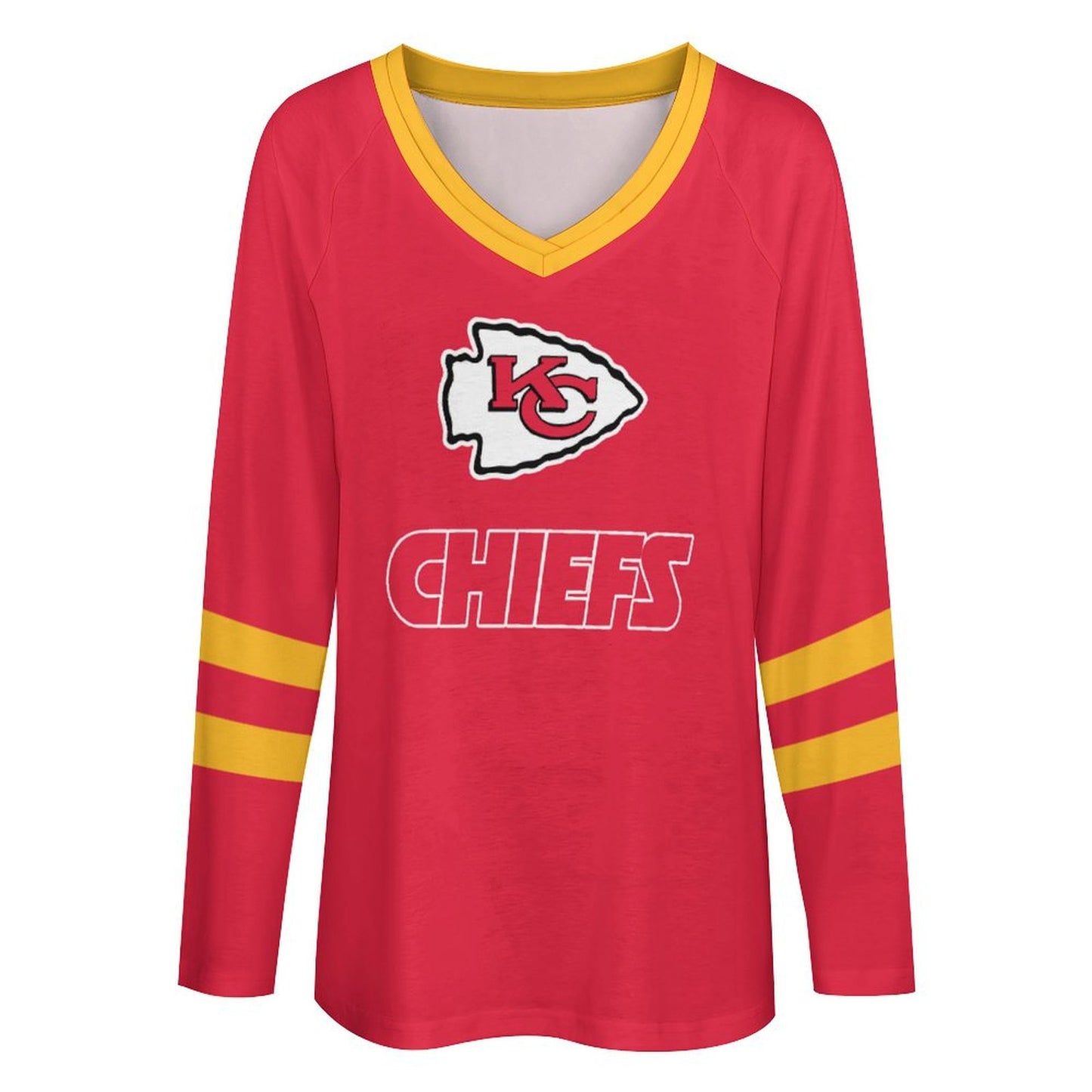 Kansas City Chiefs Women's V-neck Double-layered Long-sleeved Loose T-shirt