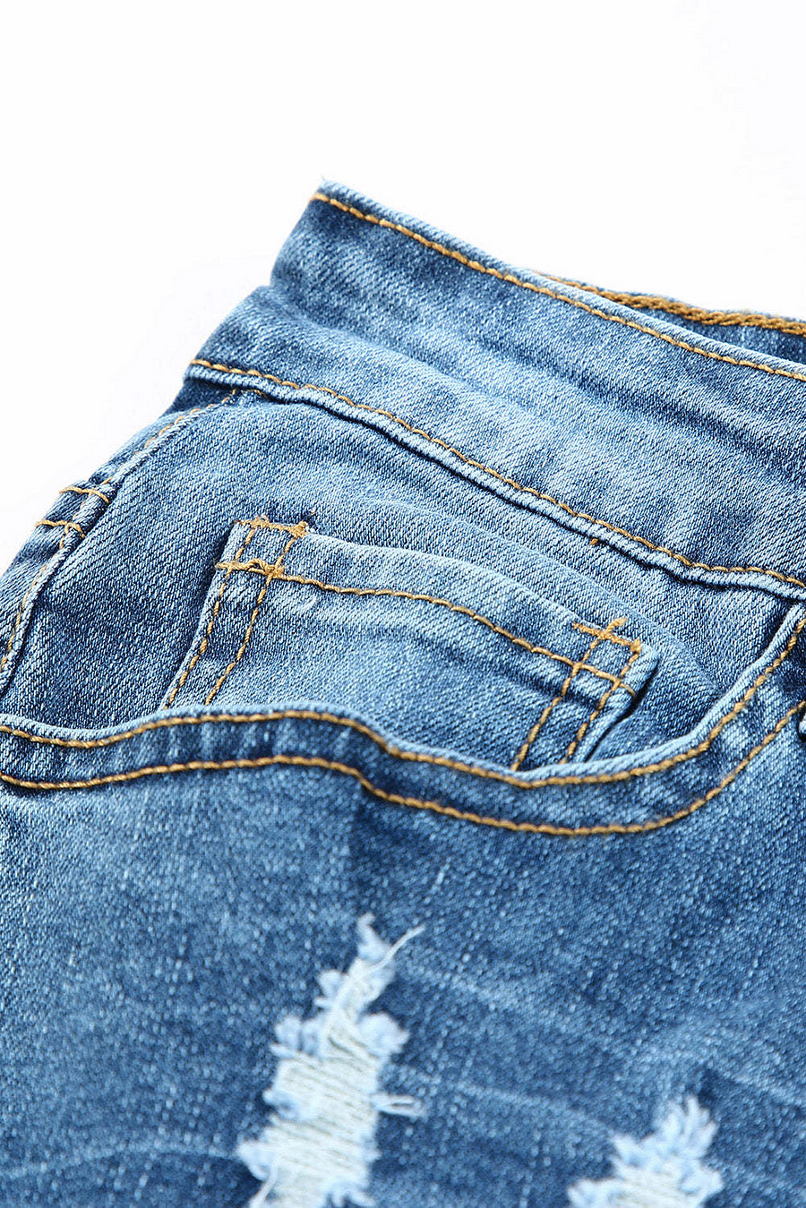 STRETCH RIPPED FRAYED RAW HEM DISTRESSED DENIM JEANS WITH HOLE