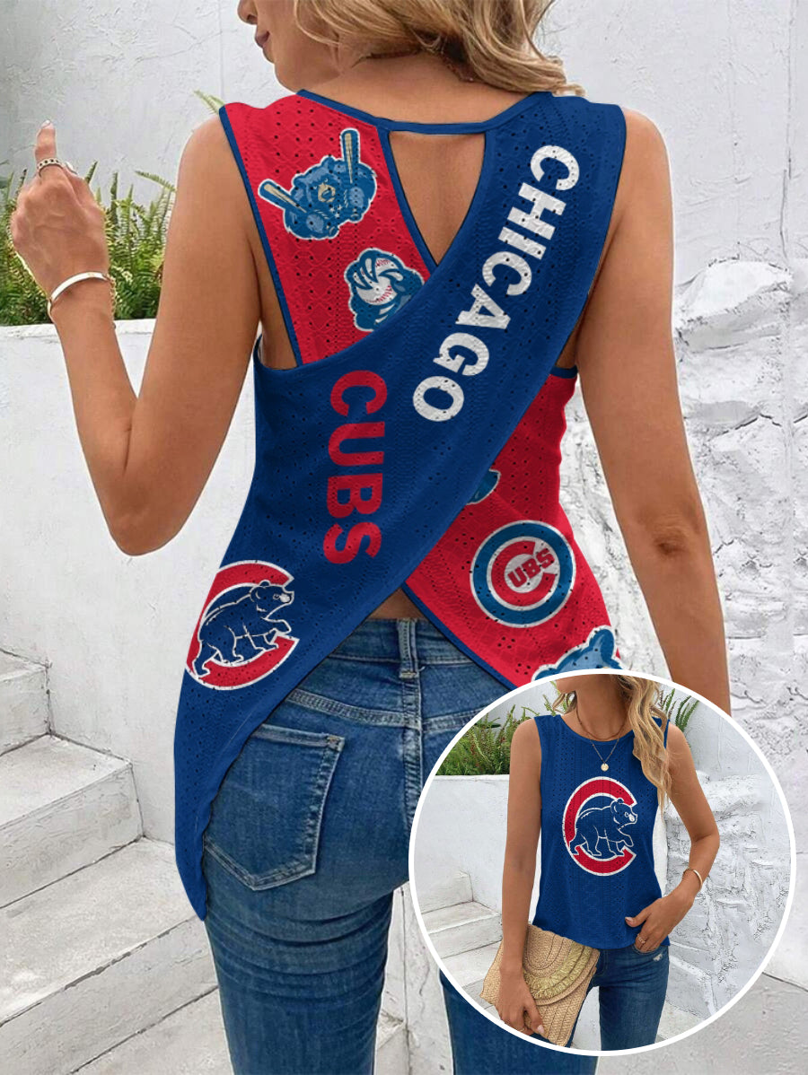 Cubs Cut Out Wrap Cross Wrap Back Asymmetrical Beach Tank Top