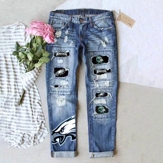 casual fashion perforated printed jeans