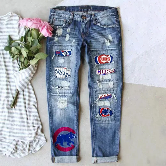 STRETCH RIPPED FRAYED RAW HEM DISTRESSED DENIM JEANS WITH HOLE