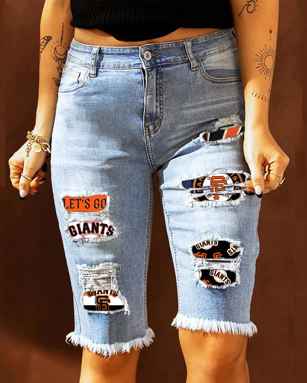 MID-RISE RIPPED PATCHES DENIM BERMUDA SHORTS