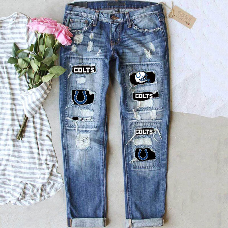 casual fashion perforated printed jeans