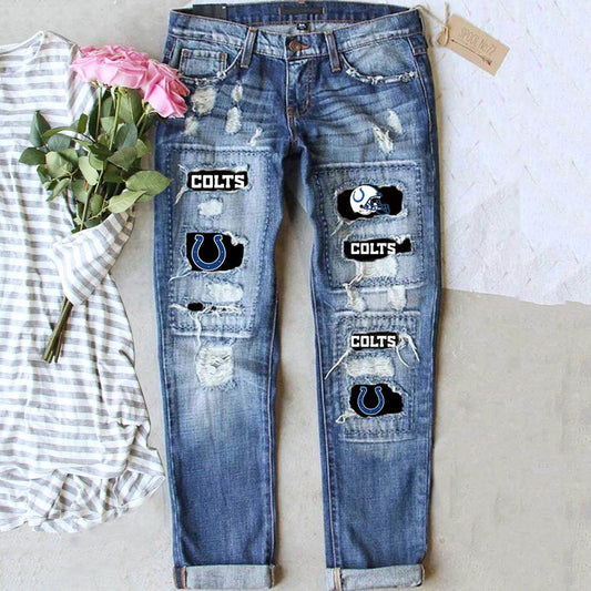 casual fashion perforated printed jeans