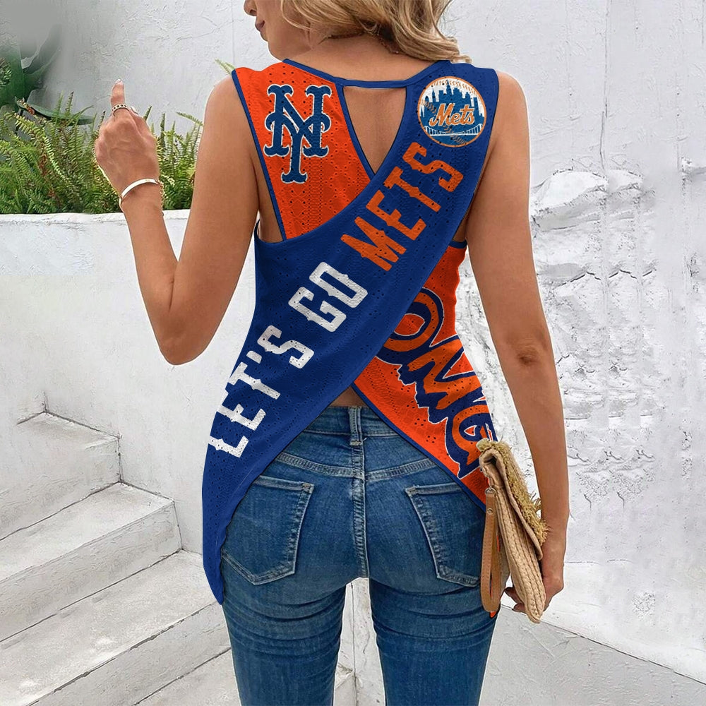 "LET'S GO METS"Cut Out Wrap Cross Wrap Back Asymmetrical Beach Tank Top