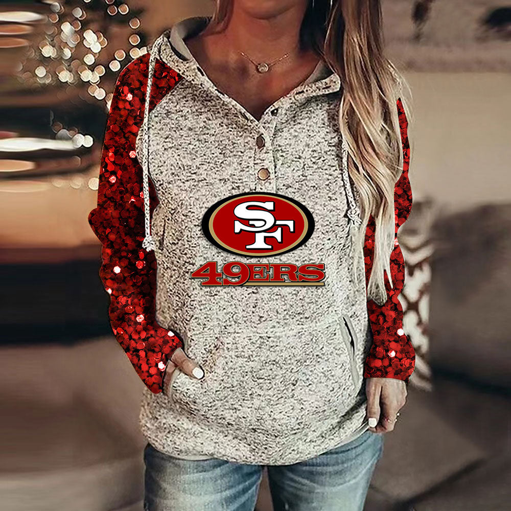 Casual Sequined Sleeves Loose Stitched Print Hoodie