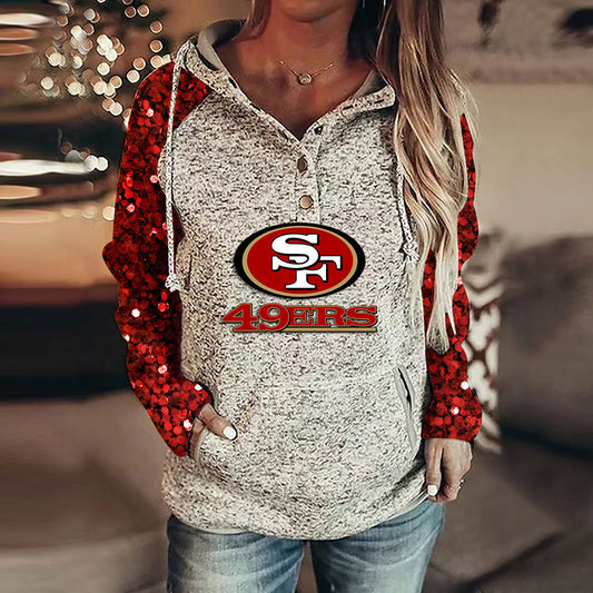 Casual Sequined Sleeves Loose Stitched Print Hoodie