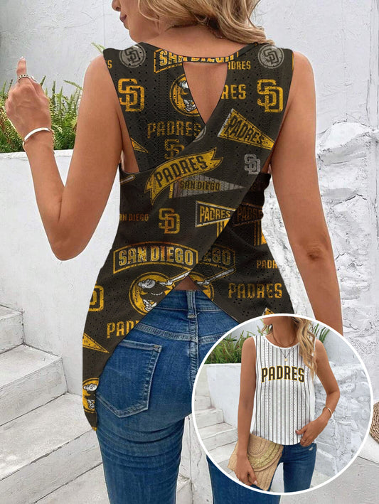 Padres Cut Out Wrap Cross Wrap Back Asymmetrical Beach Tank Top