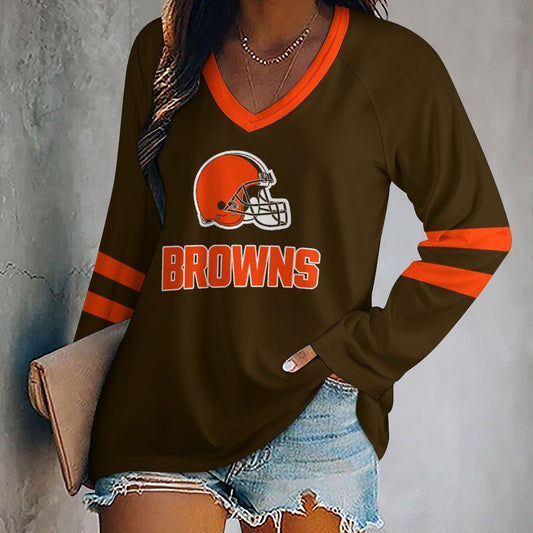 Cleveland Browns Women's V-neck Double-layered Long-sleeved Loose T-shirt