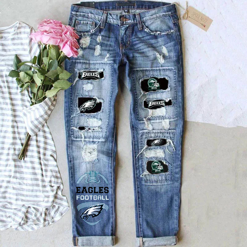 STRETCH RIPPED FRAYED RAW HEM DISTRESSED DENIM JEANS WITH HOLE