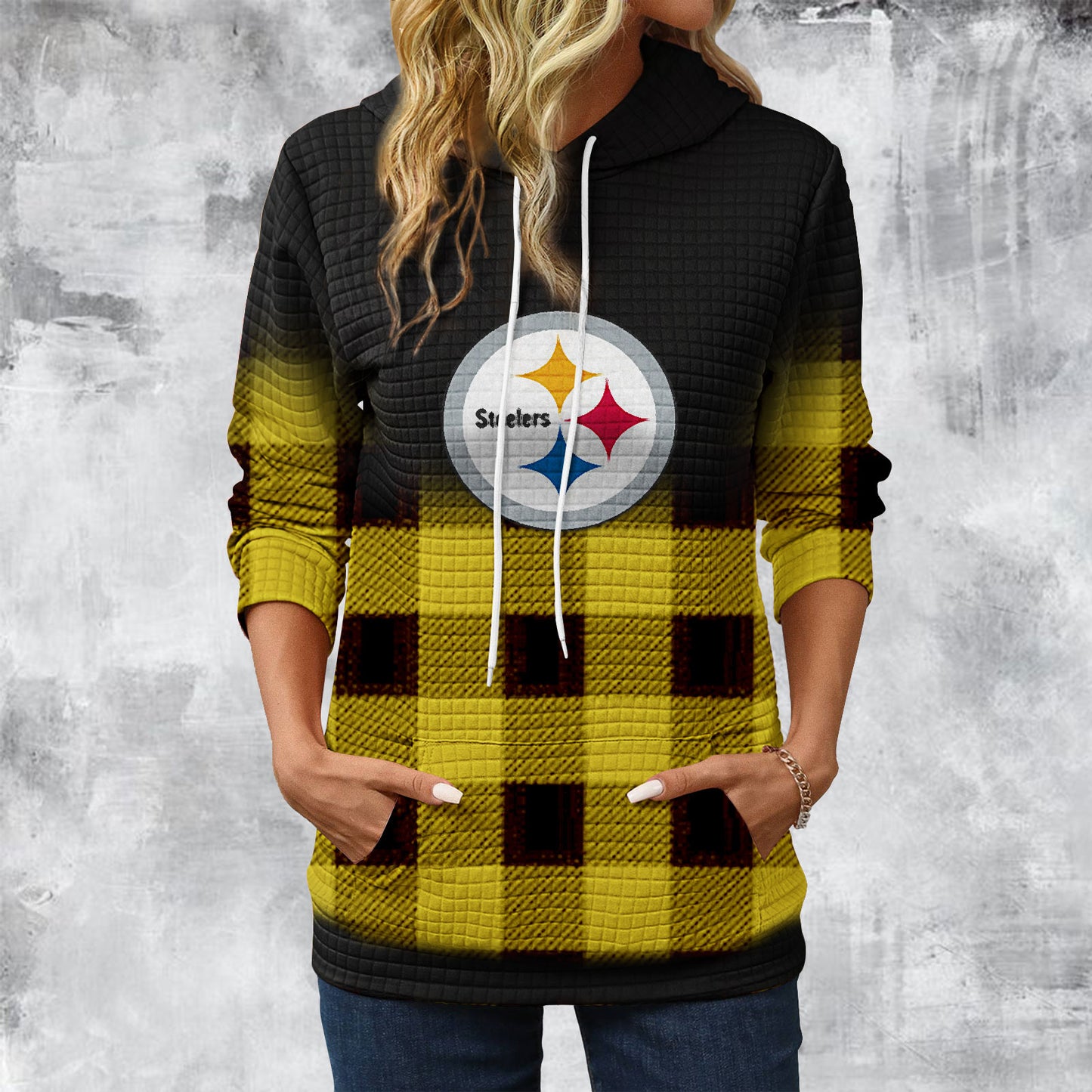 Gradient Patchwork Plaid Long Sleeve Hoodie