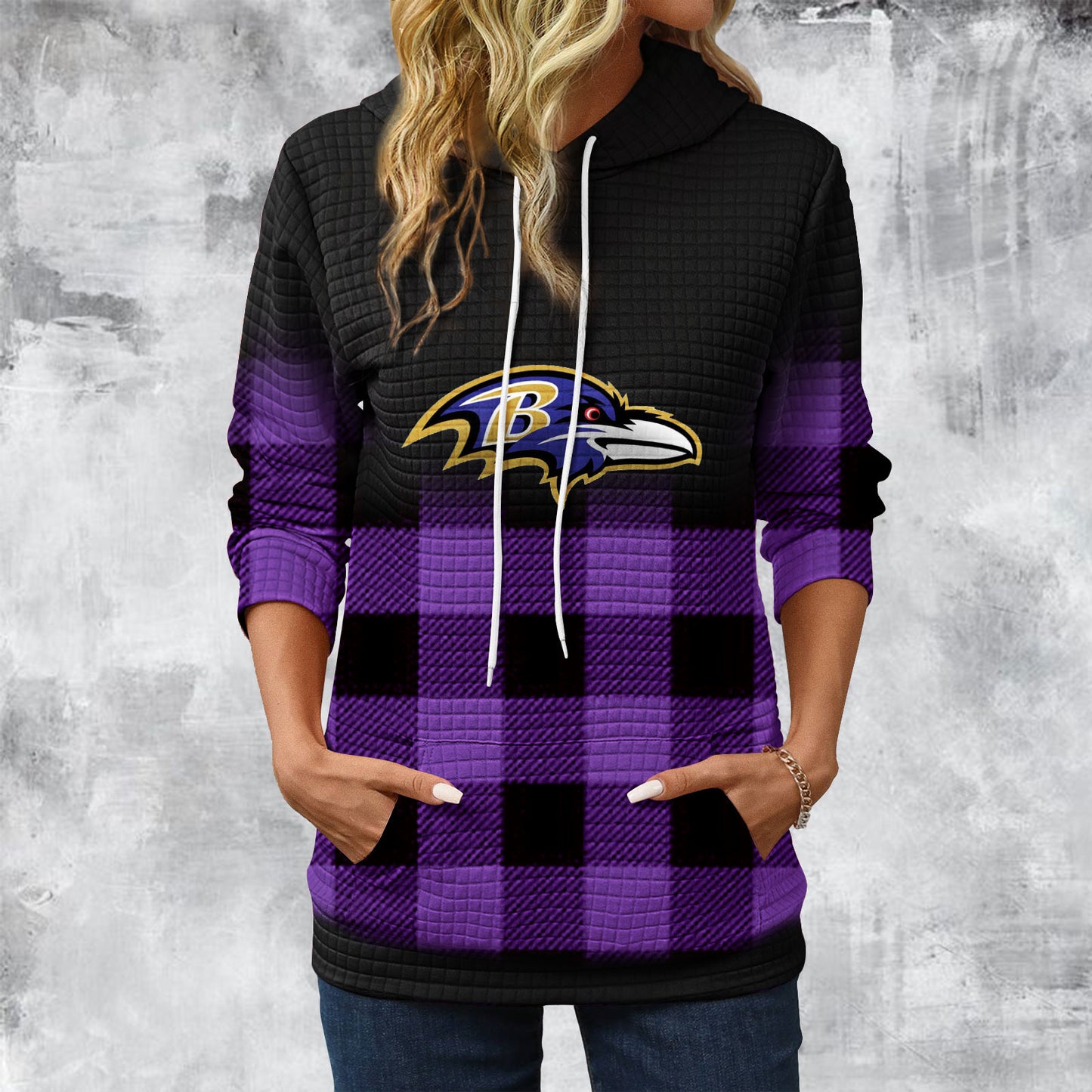 Gradient Patchwork Plaid Long Sleeve Hoodie