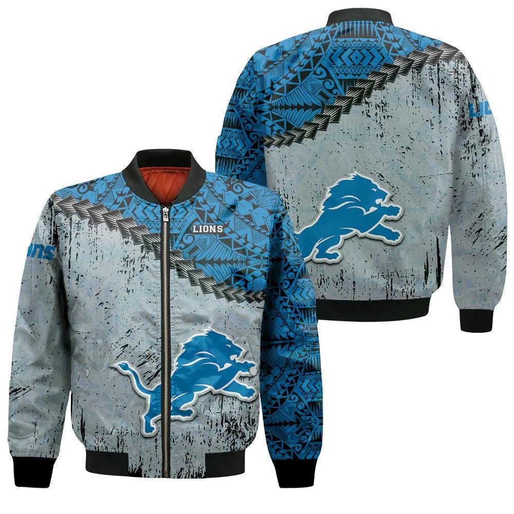 Detroit Lions Bomber Jacket 3D Printed Grunge Polynesian Tattoo