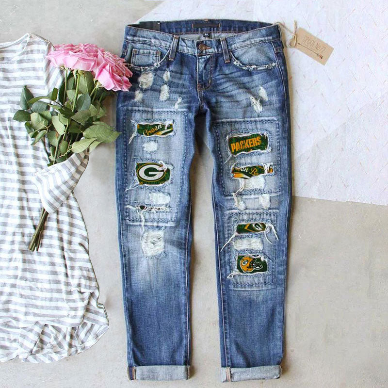 casual fashion perforated printed jeans