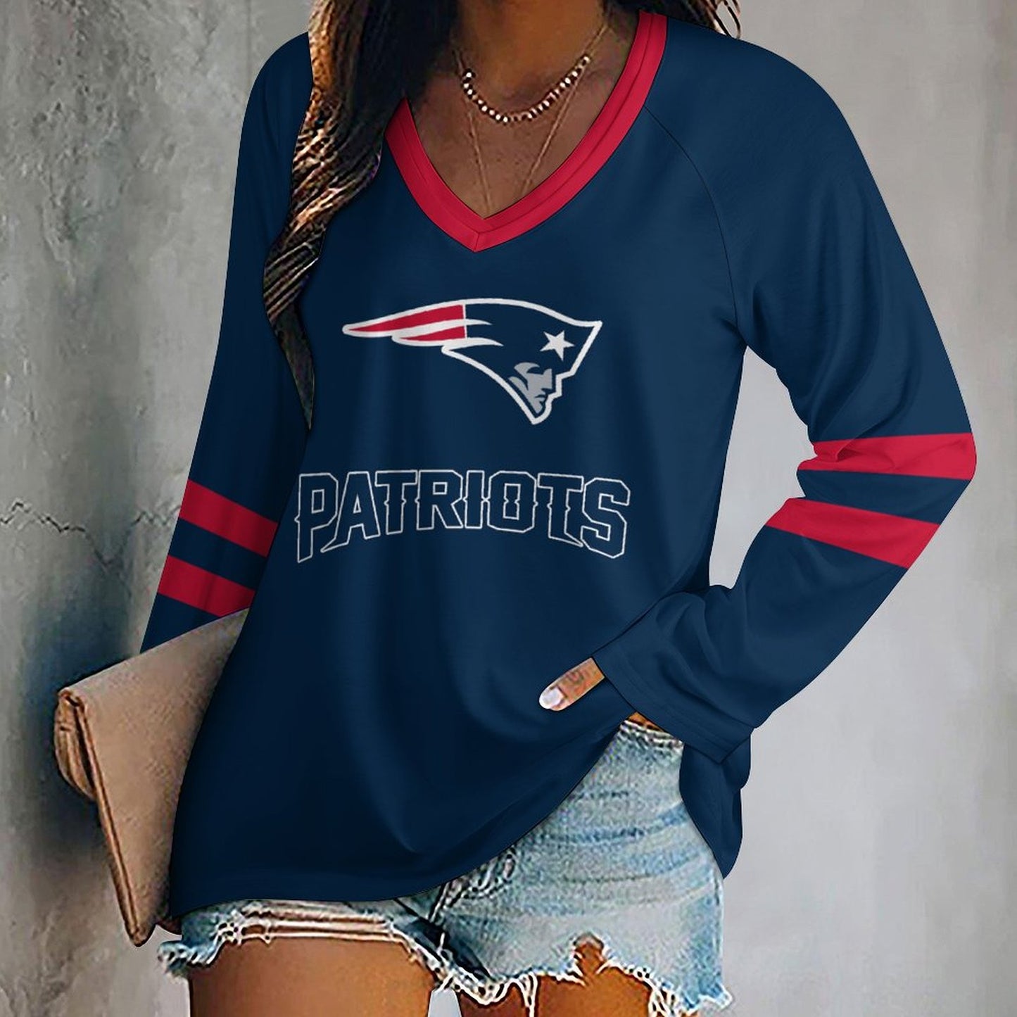 New England Patriots Women's V-neck Double-layered Long-sleeved Loose T-shirt