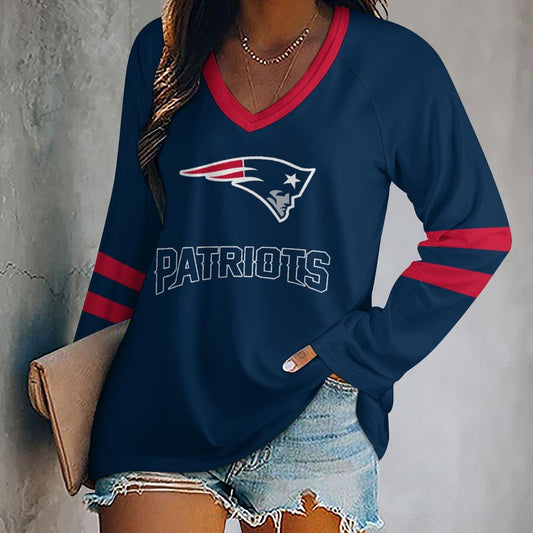 New England Patriots Women's V-neck Double-layered Long-sleeved Loose T-shirt