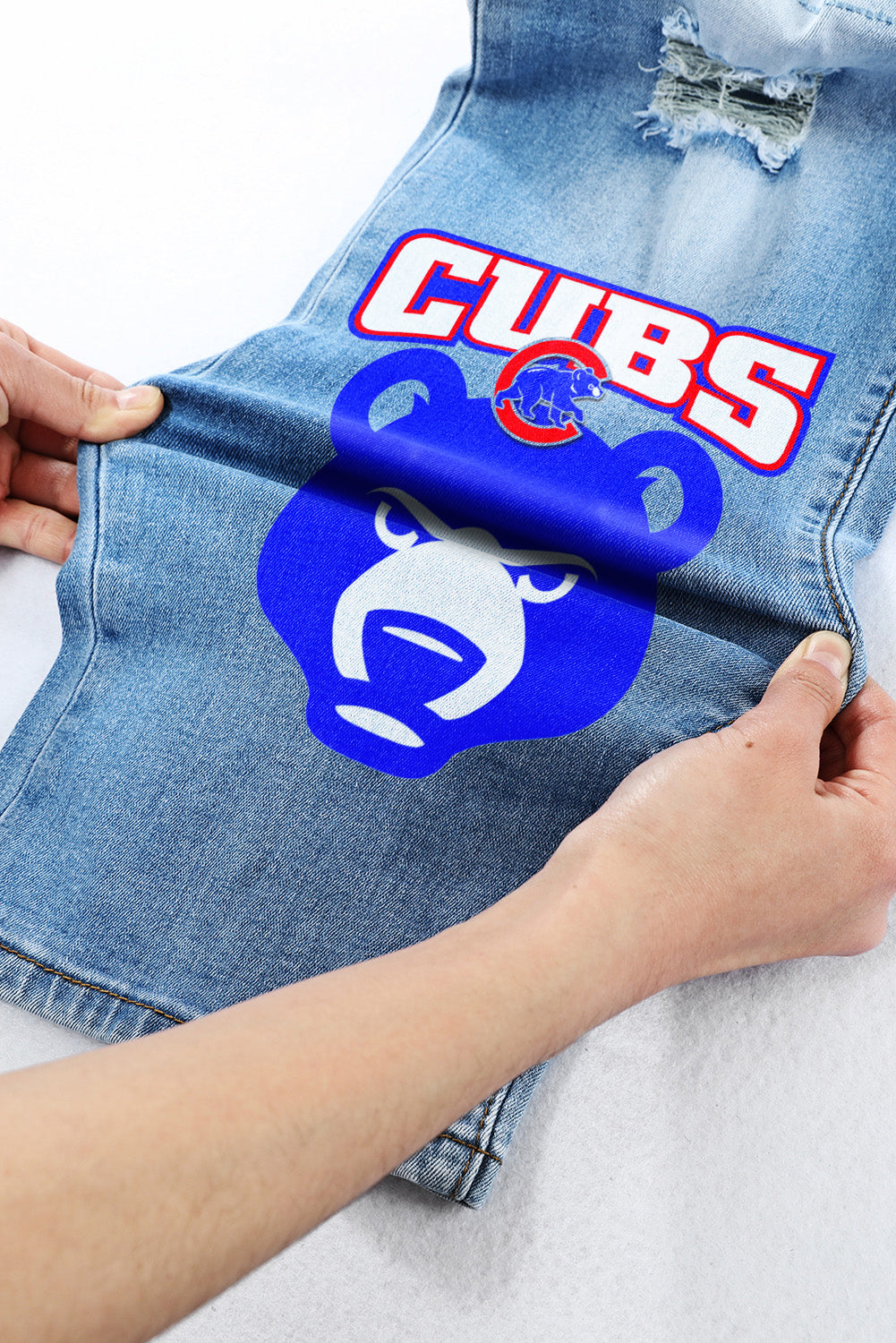 STRETCH RIPPED FRAYED RAW HEM DISTRESSED DENIM JEANS WITH HOLE