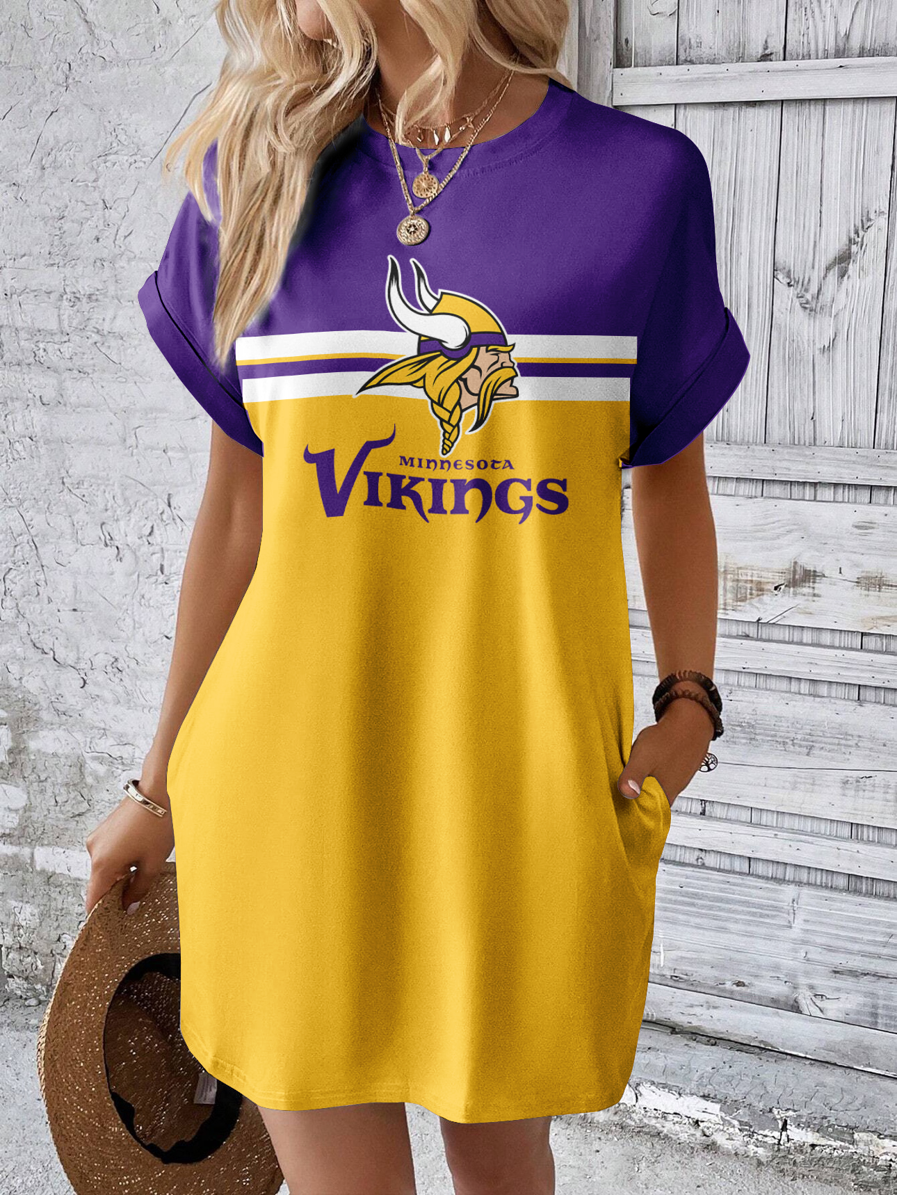 Minnesota Vikings Solid Hidden Pocket Batwing Sleeve Tee Dress