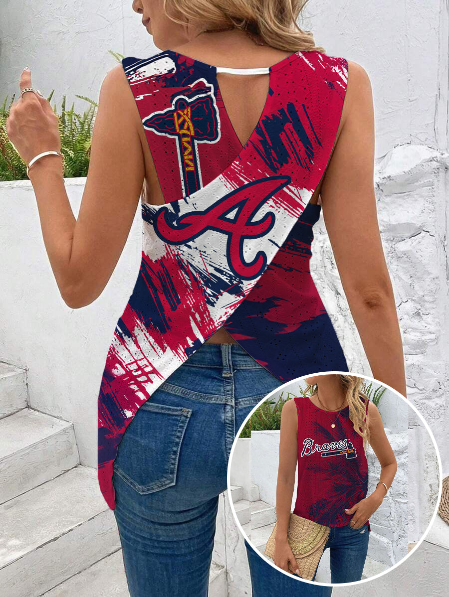 Braves Cut Out Wrap Cross Wrap Back Asymmetrical Beach Tank Top
