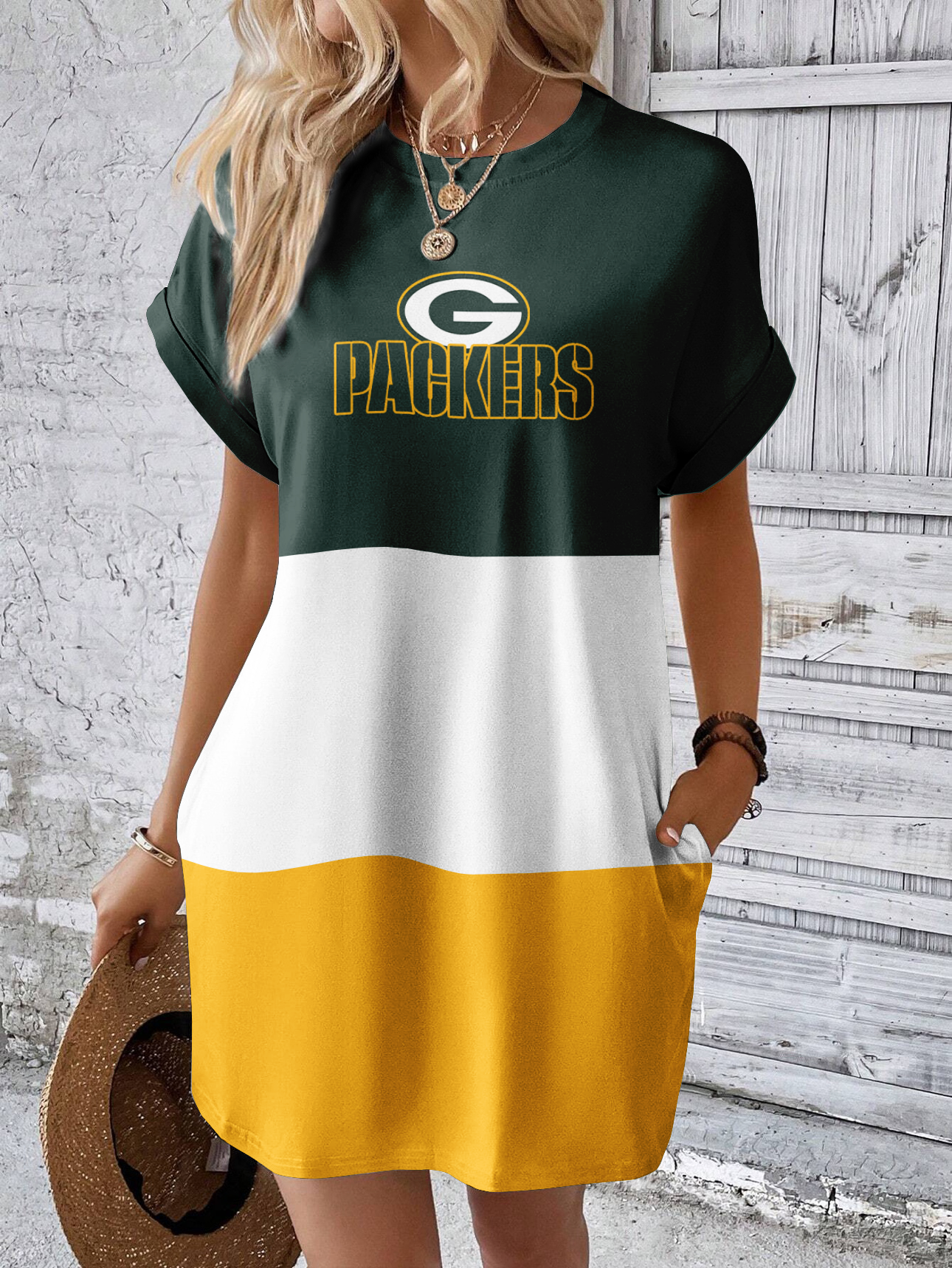 Green Bay Packers Solid Hidden Pocket Batwing Sleeve Tee Dress