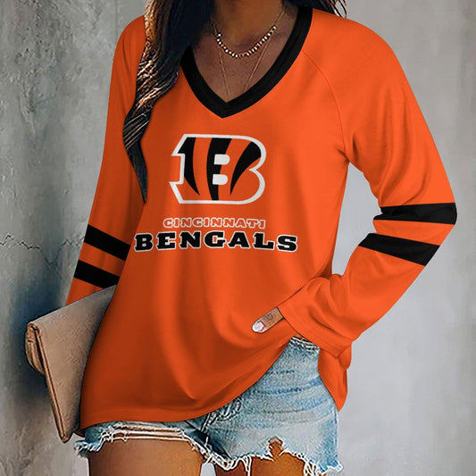Cincinnati Bengals Women's V-neck Double-layered Long-sleeved Loose T-shirt