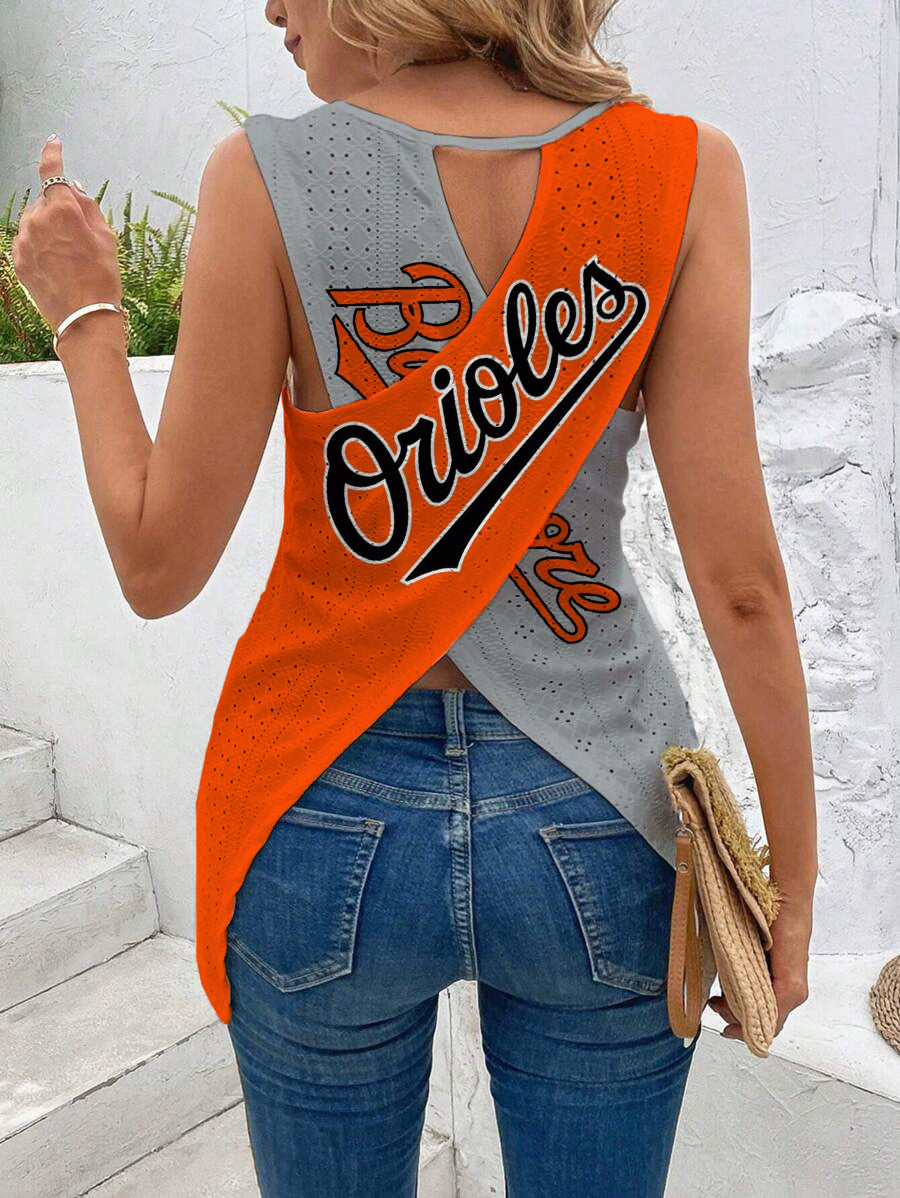 Orioles Cut Out Wrap Cross Wrap Back Asymmetrical Beach Tank Top