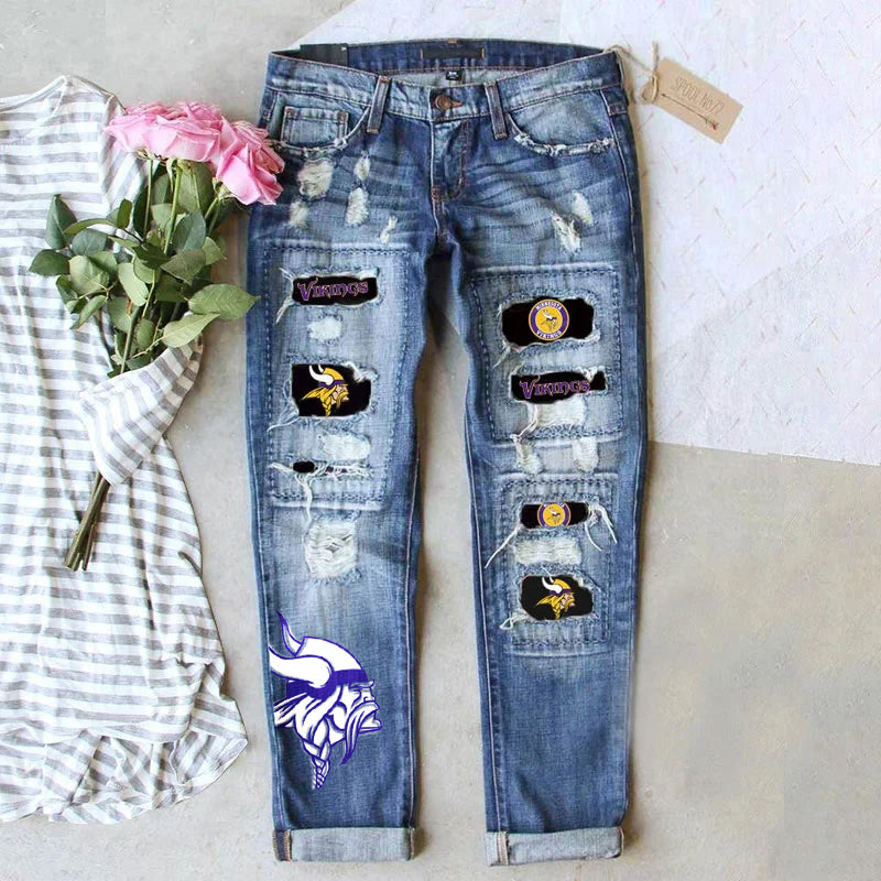 Casual Fashion Perforated Printed Jeans
