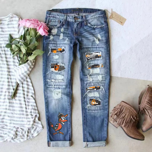 STRETCH RIPPED FRAYED RAW HEM DISTRESSED DENIM JEANS WITH HOLE