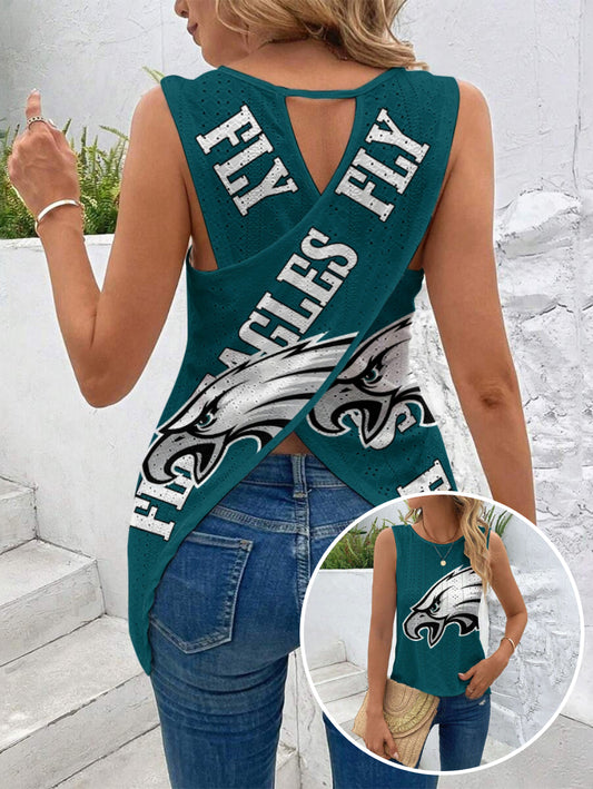 Philadelphia Eagles Cut Out Wrap Cross Wrap Back Asymmetrical Beach Tank Top