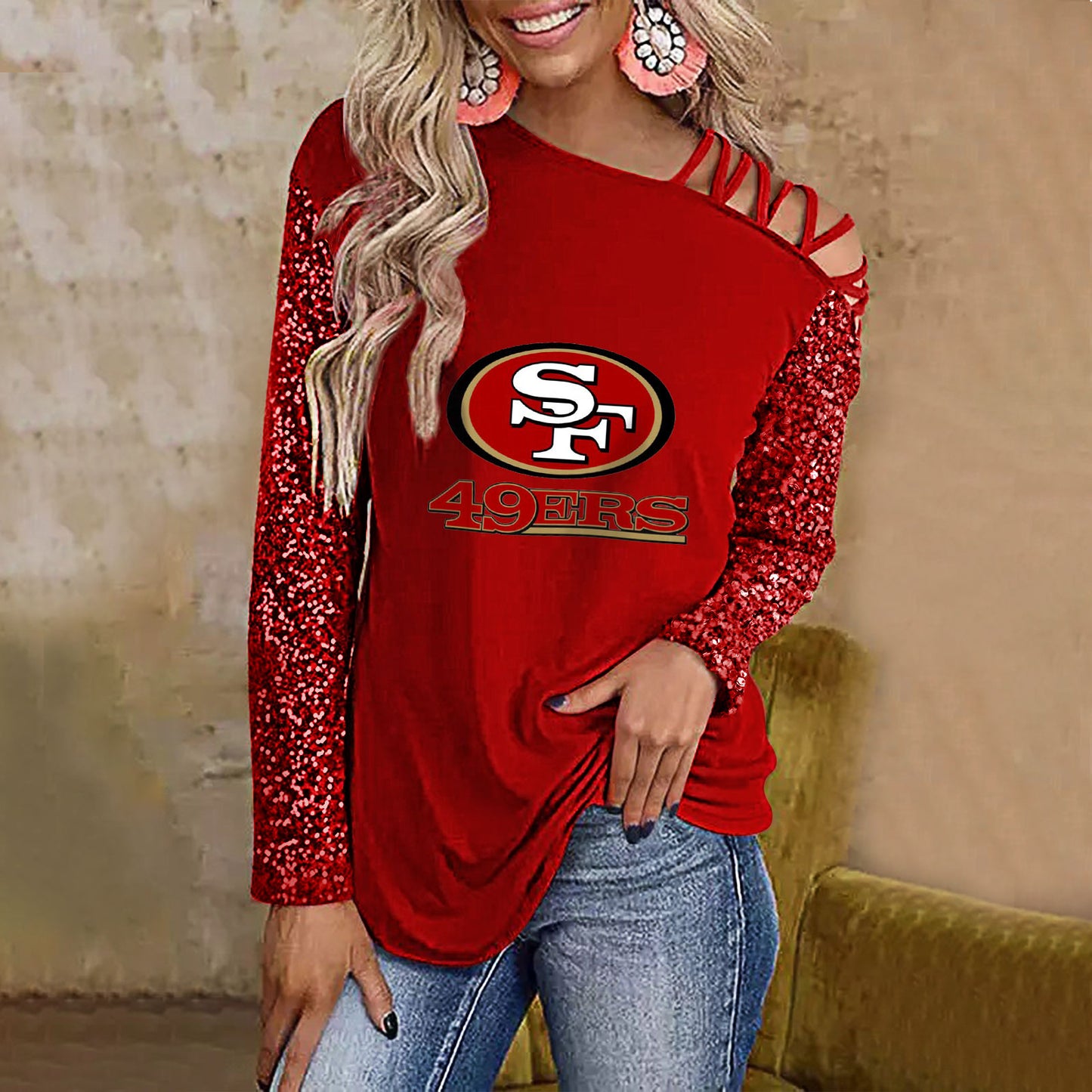 Color-Blocked Criss-Cross One Shoulder Blouse