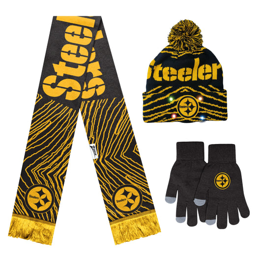 FOCO X Zubaz NFL Collab 3 Pack Glove Scarf & Hat Outdoor Winter Set, Pittsburgh Steelers