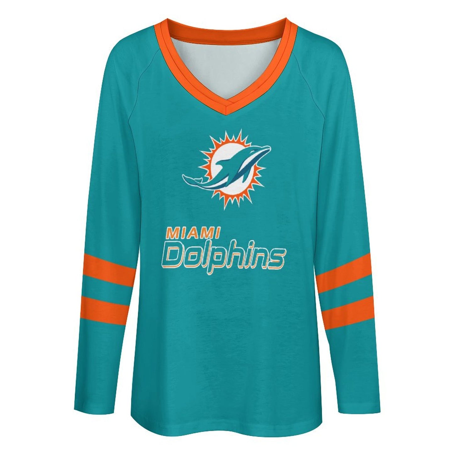 Miami Dolphins Women's V-neck Double-layered Long-sleeved Loose T-shirt