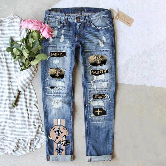 casual fashion perforated printed jeans
